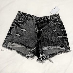 Distressed black denim jean shorts